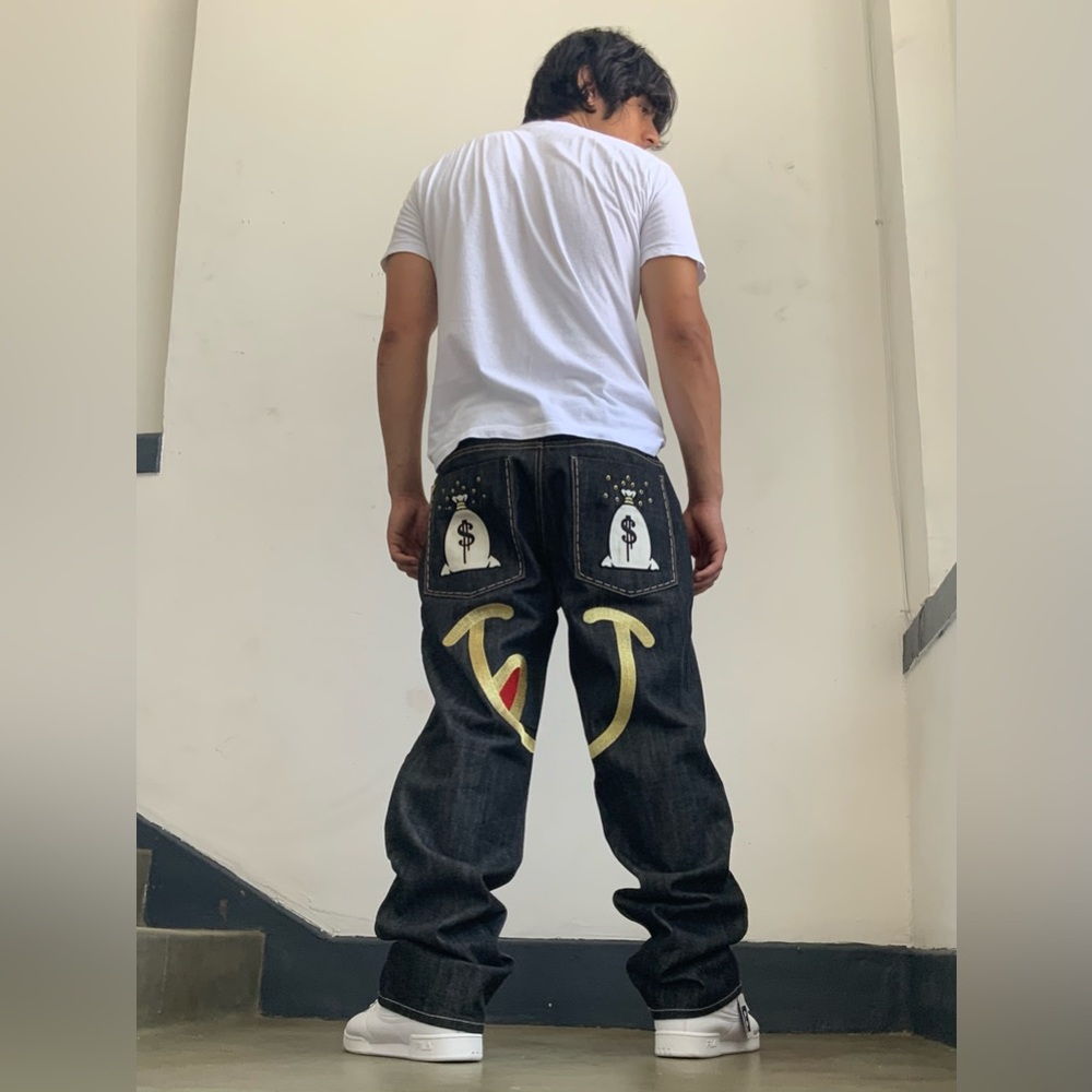 Men's Parish Raw Black Money Bag Wide Leg Denim Pants